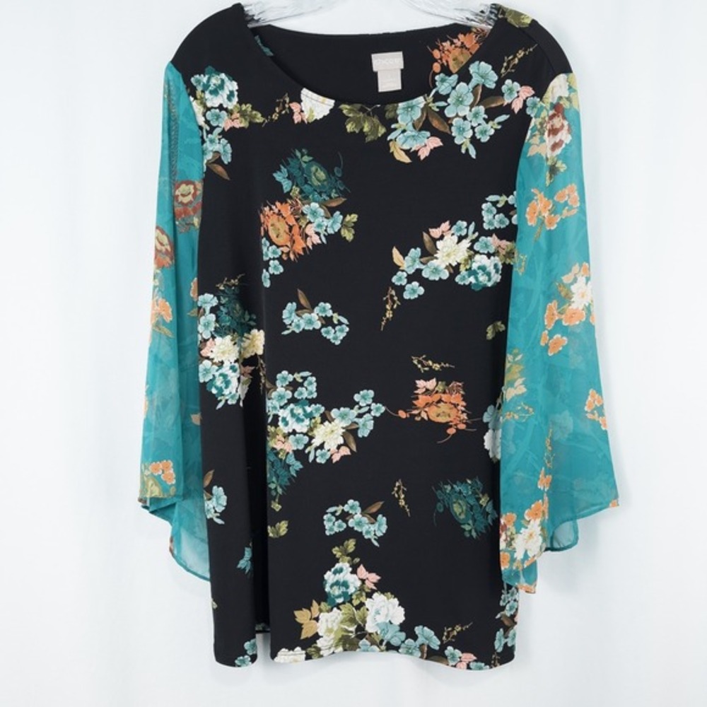 Chicos‎ Floral Stretch Knit Chiffon Angel Sleeve Top Womens 1 Medium Green Black